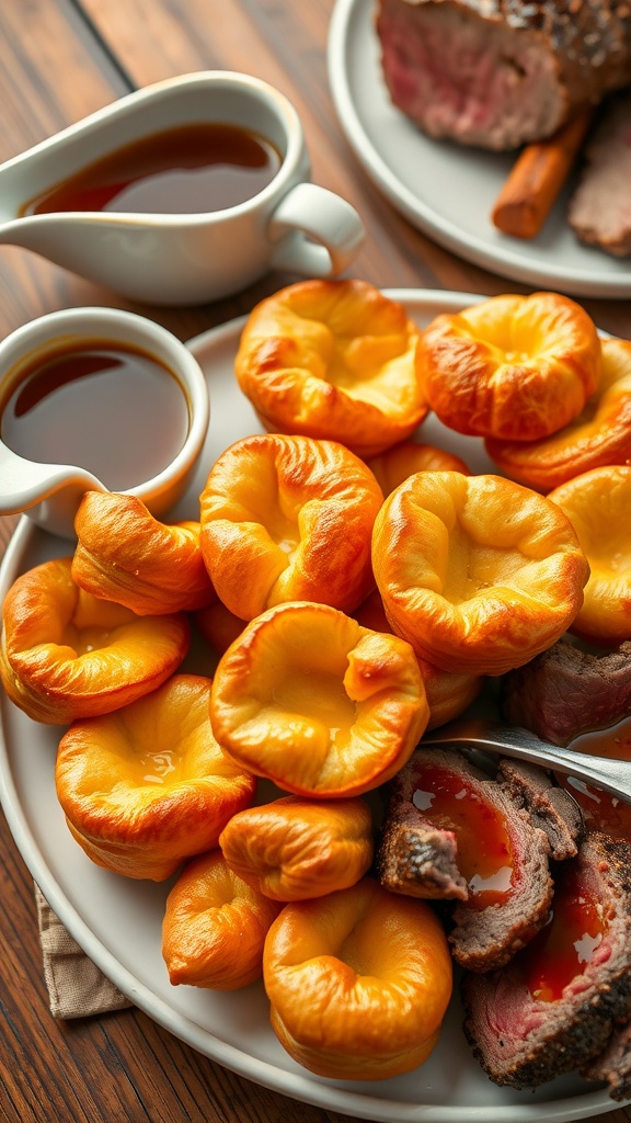 A plate of crispy Yorkshire puddings with gravy and roast beef on a wooden table.
